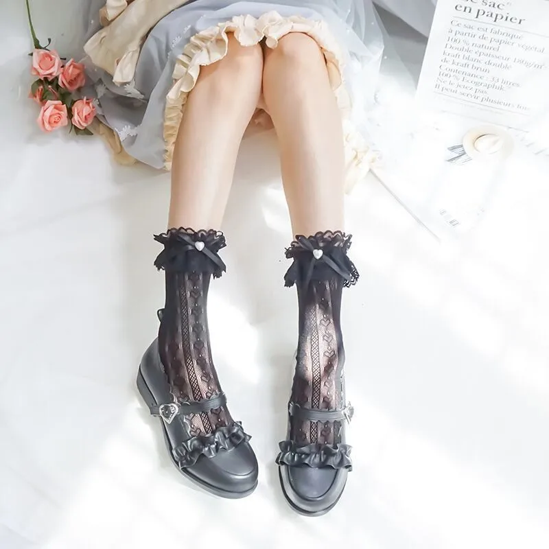 Women's Summer Spring Cotton Socks Thin White Lolita Lace Stocking Black Jk Bow Sweet Mid-leg Calf Socks Sweet Style Girls Gift