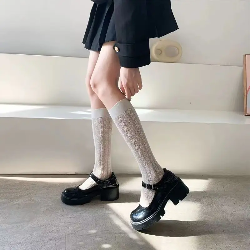 Women's Summer Spring Cotton Socks Thin White Lolita Lace Stocking Black Jk Bow Sweet Mid-leg Calf Socks Sweet Style Girls Gift