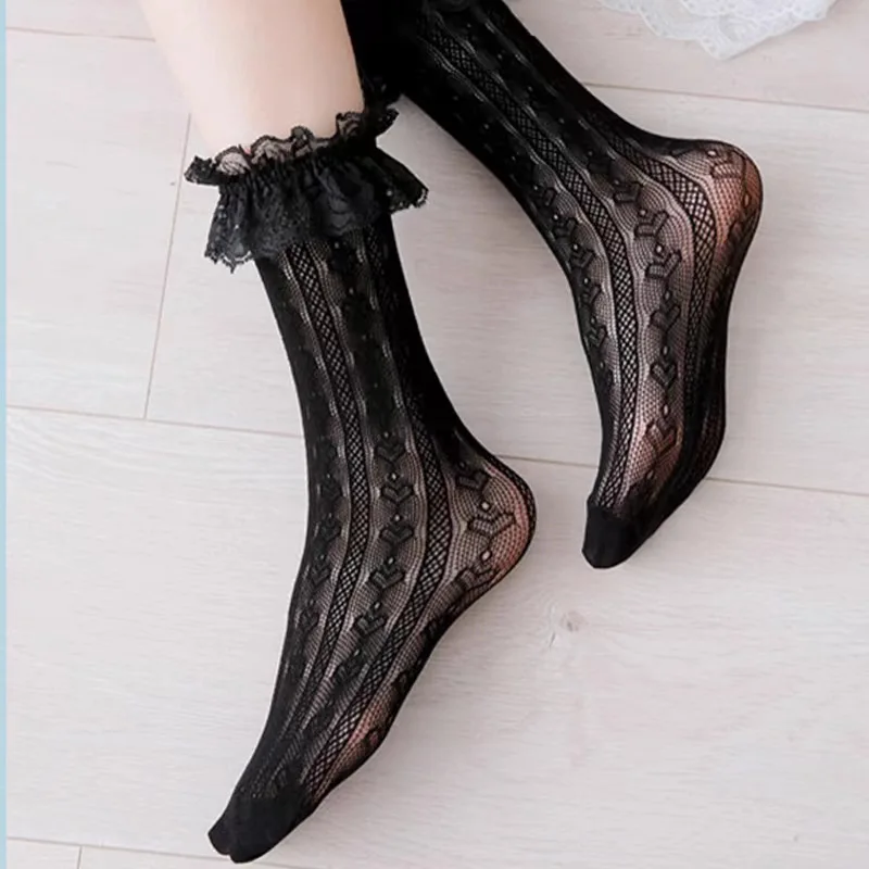 Women's Summer Spring Cotton Socks Thin White Lolita Lace Stocking Black Jk Bow Sweet Mid-leg Calf Socks Sweet Style Girls Gift