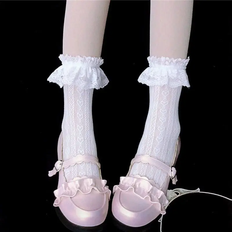Women's Summer Spring Cotton Socks Thin White Lolita Lace Stocking Black Jk Bow Sweet Mid-leg Calf Socks Sweet Style Girls Gift