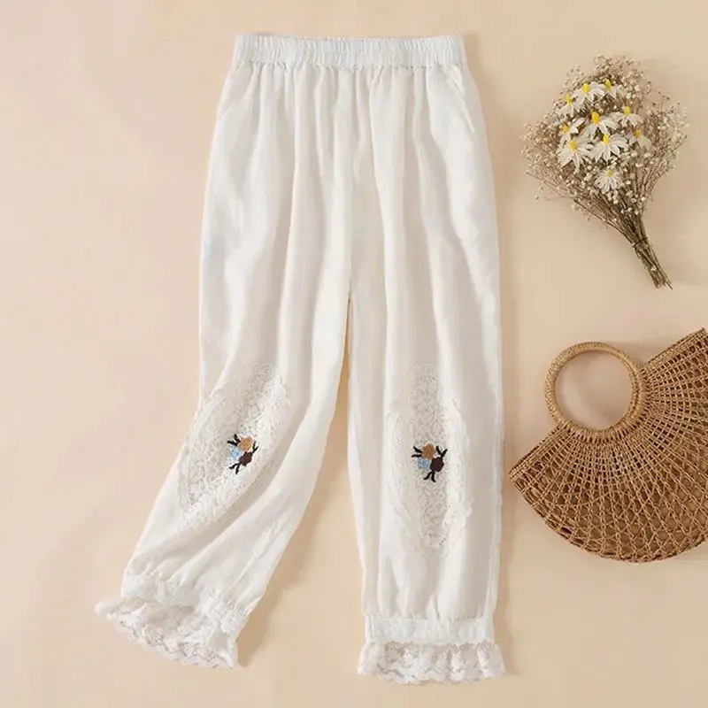 Embroidery Bloomers Lace Linen Casual Elastic High Waist Loose Wide Leg Women's Pants Ankle-Length Pants For Women Clothing 2024