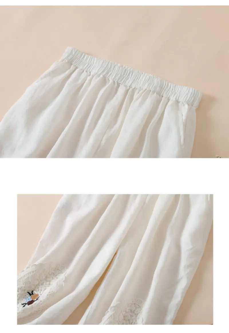 Embroidery Bloomers Lace Linen Casual Elastic High Waist Loose Wide Leg Women's Pants Ankle-Length Pants For Women Clothing 2024