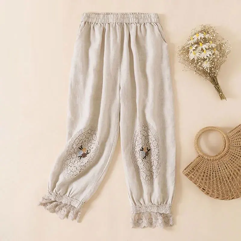 Embroidery Bloomers Lace Linen Casual Elastic High Waist Loose Wide Leg Women's Pants Ankle-Length Pants For Women Clothing 2024