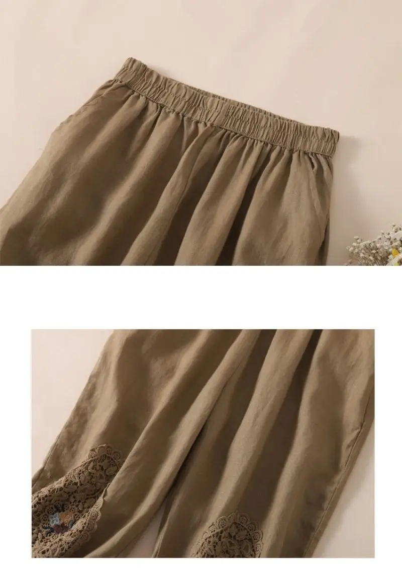 Embroidery Bloomers Lace Linen Casual Elastic High Waist Loose Wide Leg Women's Pants Ankle-Length Pants For Women Clothing 2024