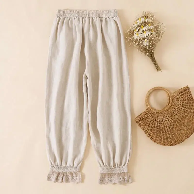 Embroidery Bloomers Lace Linen Casual Elastic High Waist Loose Wide Leg Women's Pants Ankle-Length Pants For Women Clothing 2024