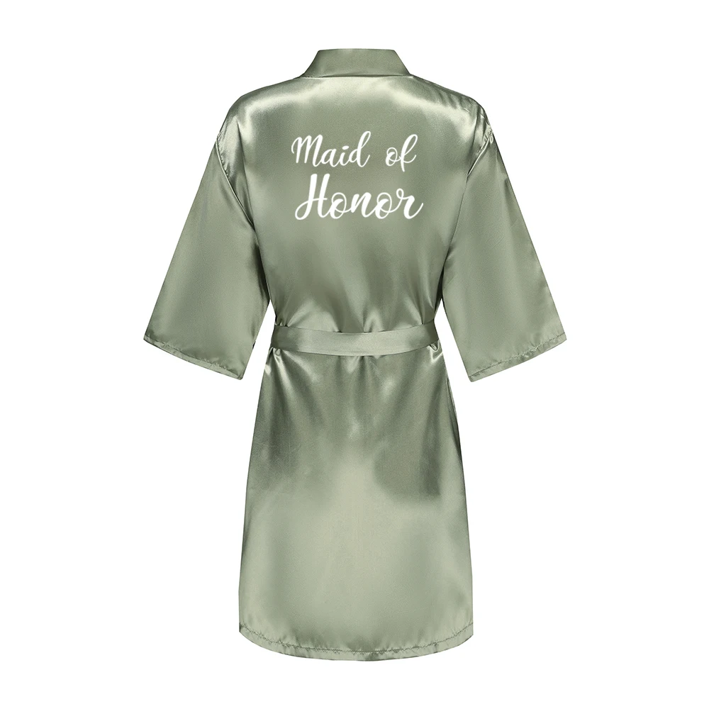 Grass Green Women's White Letter Bride Bridesmaid Short Satin Robes for Wedding Party Getting Ready