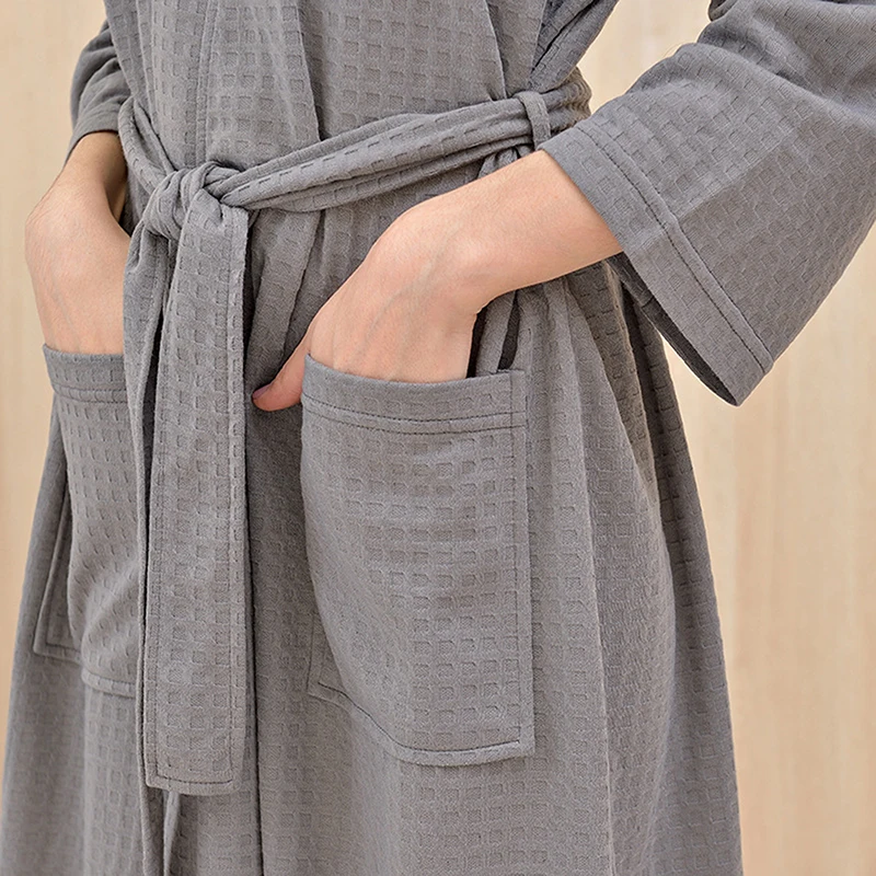 Men Women Bathrobe Waffle Transparent Summer Thin Robe Shower Plaid Dressing Gown Knee Length Breathable Nightgown Home Cloth