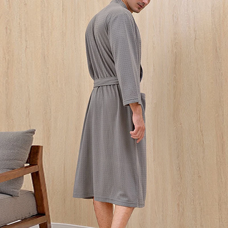 Men Women Bathrobe Waffle Transparent Summer Thin Robe Shower Plaid Dressing Gown Knee Length Breathable Nightgown Home Cloth
