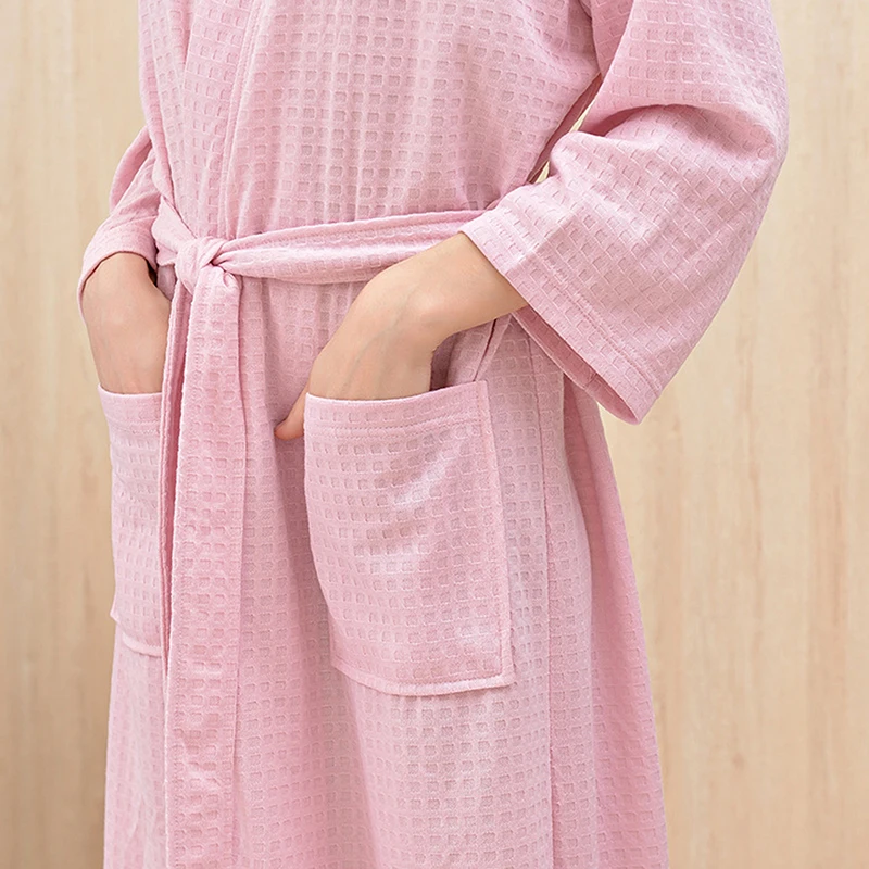 Men Women Bathrobe Waffle Transparent Summer Thin Robe Shower Plaid Dressing Gown Knee Length Breathable Nightgown Home Cloth