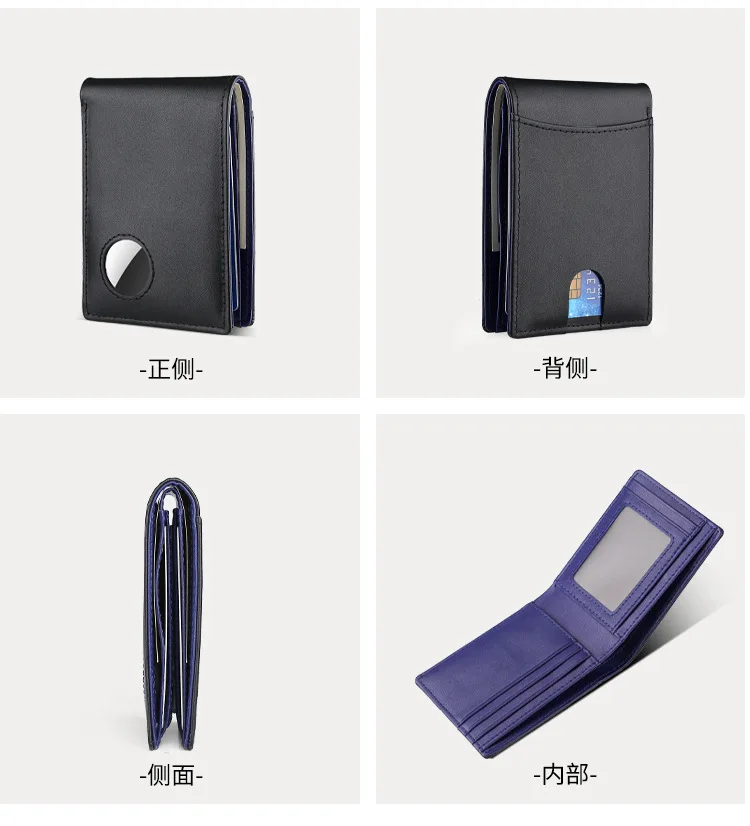 Airtag Business Genuine Cow Leather Men Bifold Thin Wallet RFID Blocking Credit Bank Card Holder with ID Window Male Purse Black