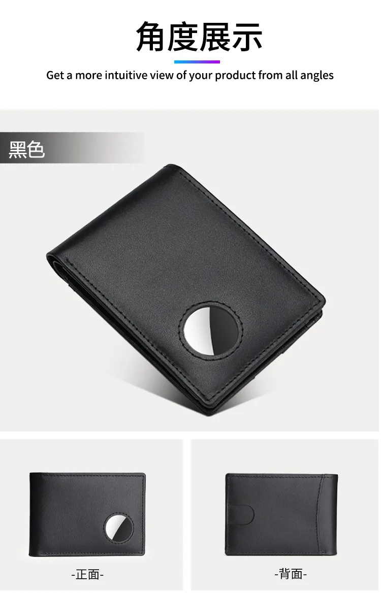 Airtag Business Genuine Cow Leather Men Bifold Thin Wallet RFID Blocking Credit Bank Card Holder with ID Window Male Purse Black