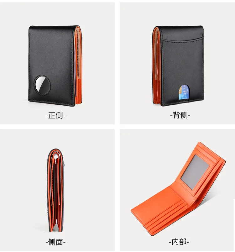 Airtag Business Genuine Cow Leather Men Bifold Thin Wallet RFID Blocking Credit Bank Card Holder with ID Window Male Purse Black