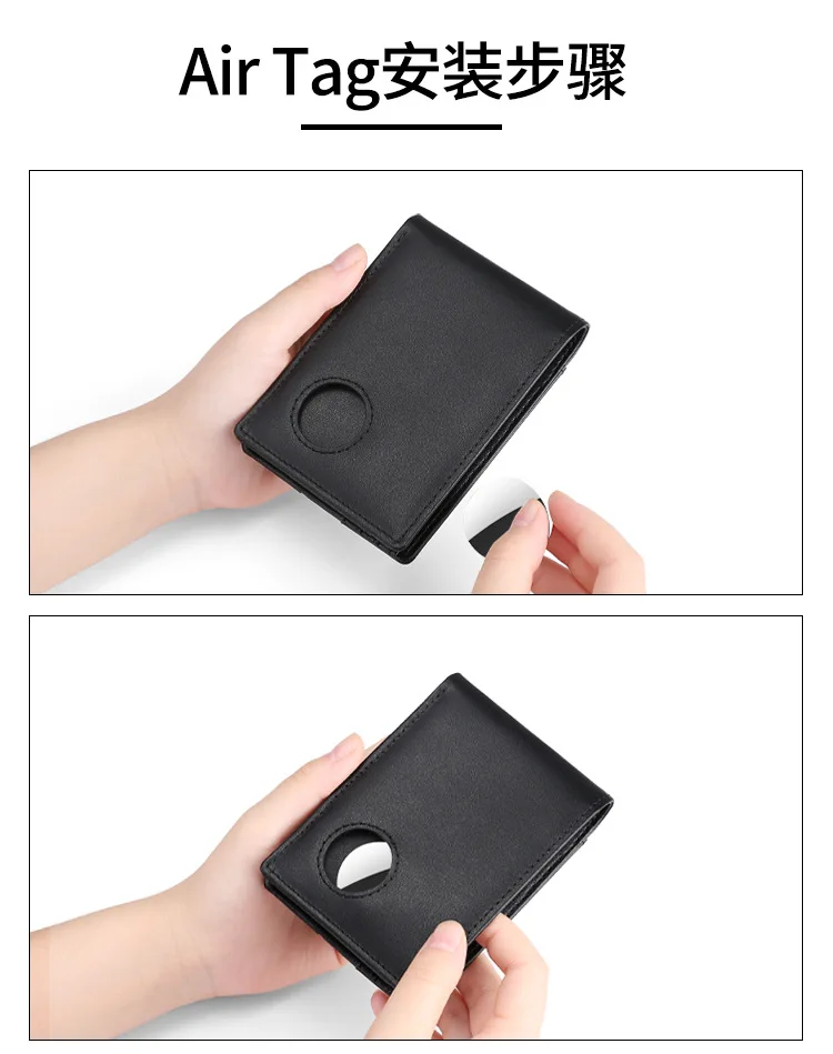 Airtag Business Genuine Cow Leather Men Bifold Thin Wallet RFID Blocking Credit Bank Card Holder with ID Window Male Purse Black