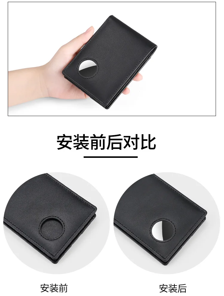 Airtag Business Genuine Cow Leather Men Bifold Thin Wallet RFID Blocking Credit Bank Card Holder with ID Window Male Purse Black