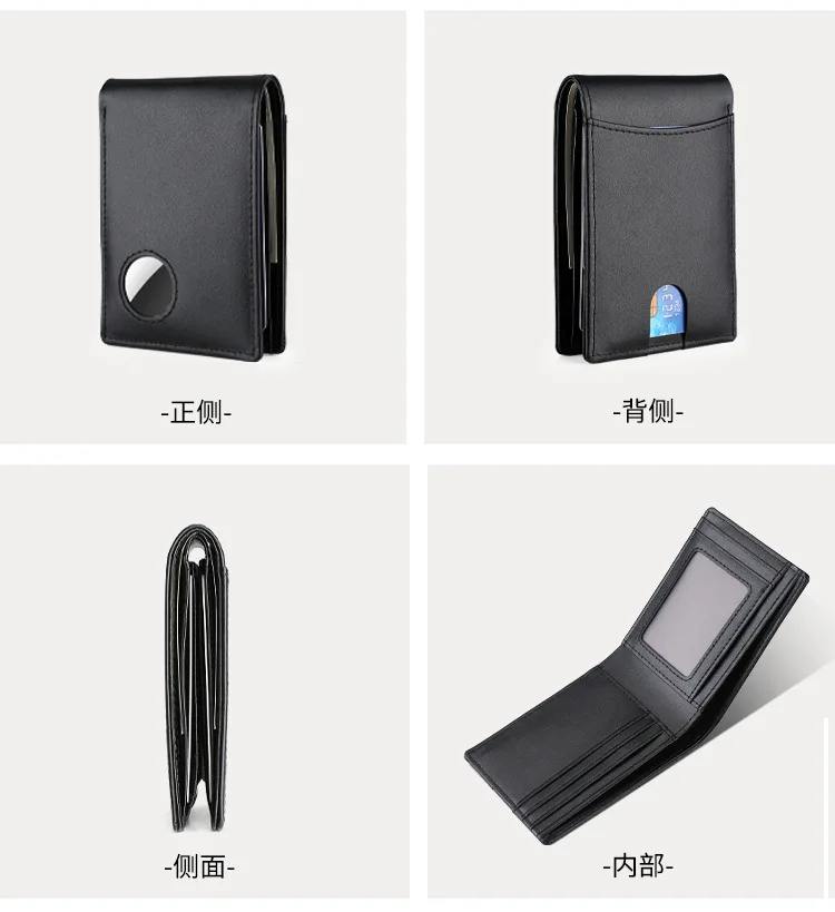 Airtag Business Genuine Cow Leather Men Bifold Thin Wallet RFID Blocking Credit Bank Card Holder with ID Window Male Purse Black