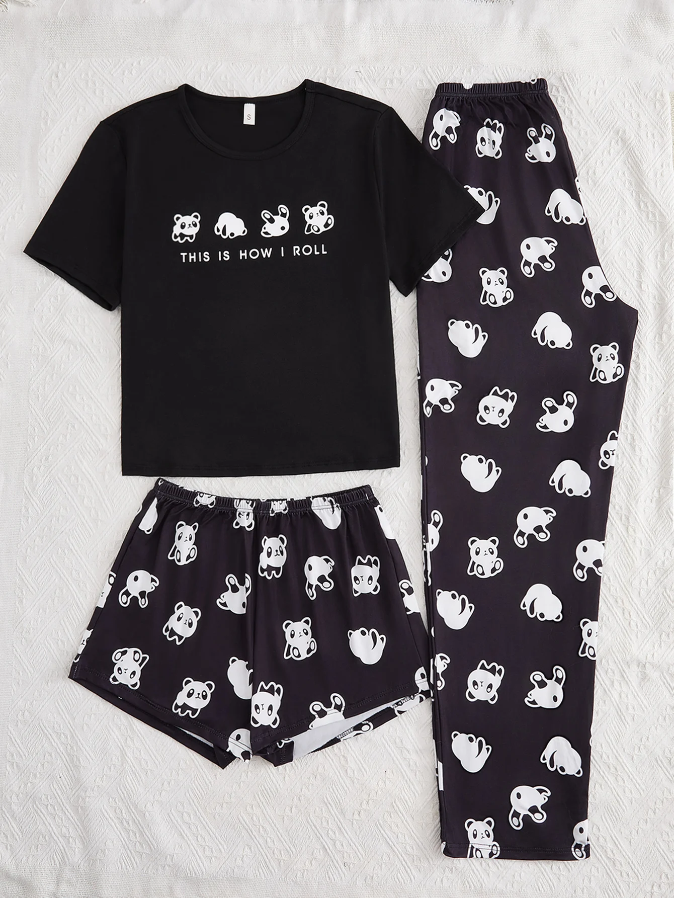 Women's new style three-piece black short-sleeved top panda print shorts pant suit cartoon casual home wear