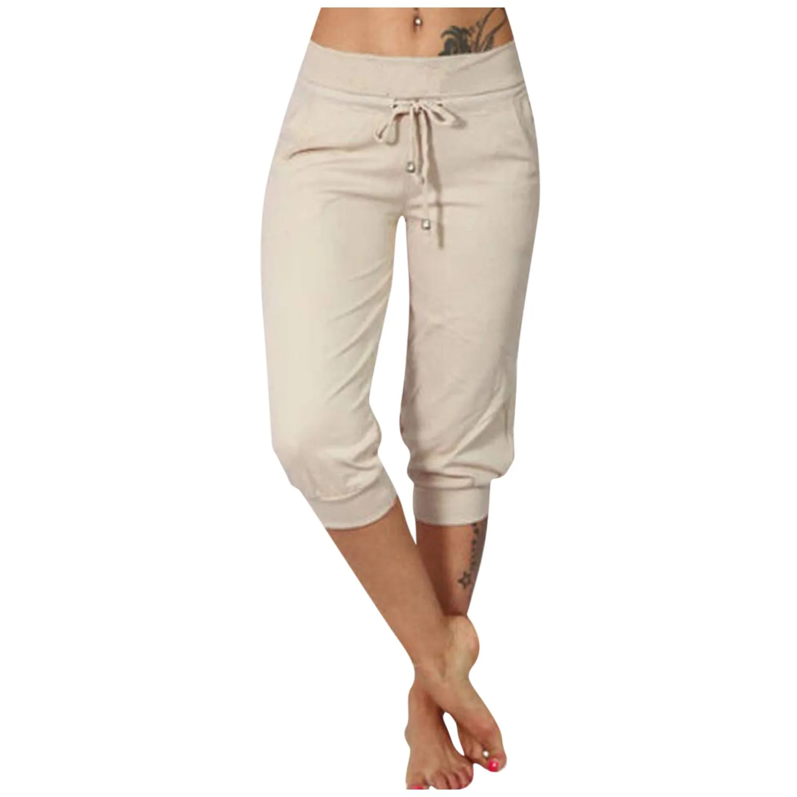 Classic Solid Color Jogging Pants Women Cotton Linen Capris Trousers Bandage Double Pocket Pants Summer Beach Vacation Wear