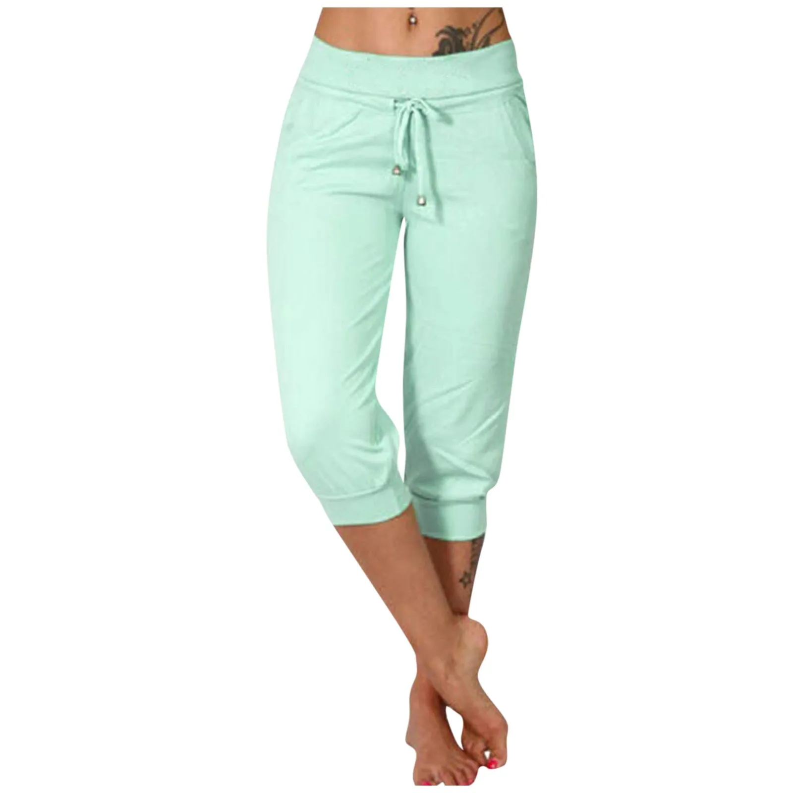 Classic Solid Color Jogging Pants Women Cotton Linen Capris Trousers Bandage Double Pocket Pants Summer Beach Vacation Wear