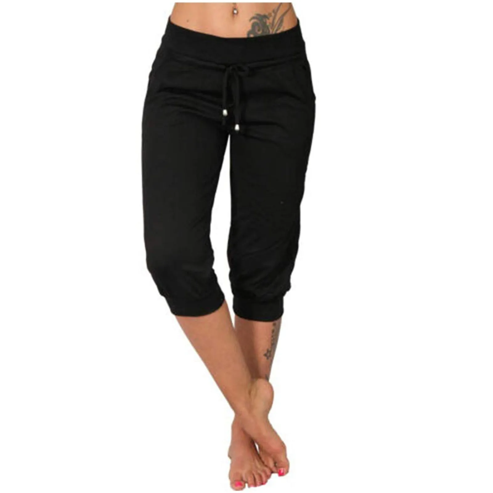 Classic Solid Color Jogging Pants Women Cotton Linen Capris Trousers Bandage Double Pocket Pants Summer Beach Vacation Wear