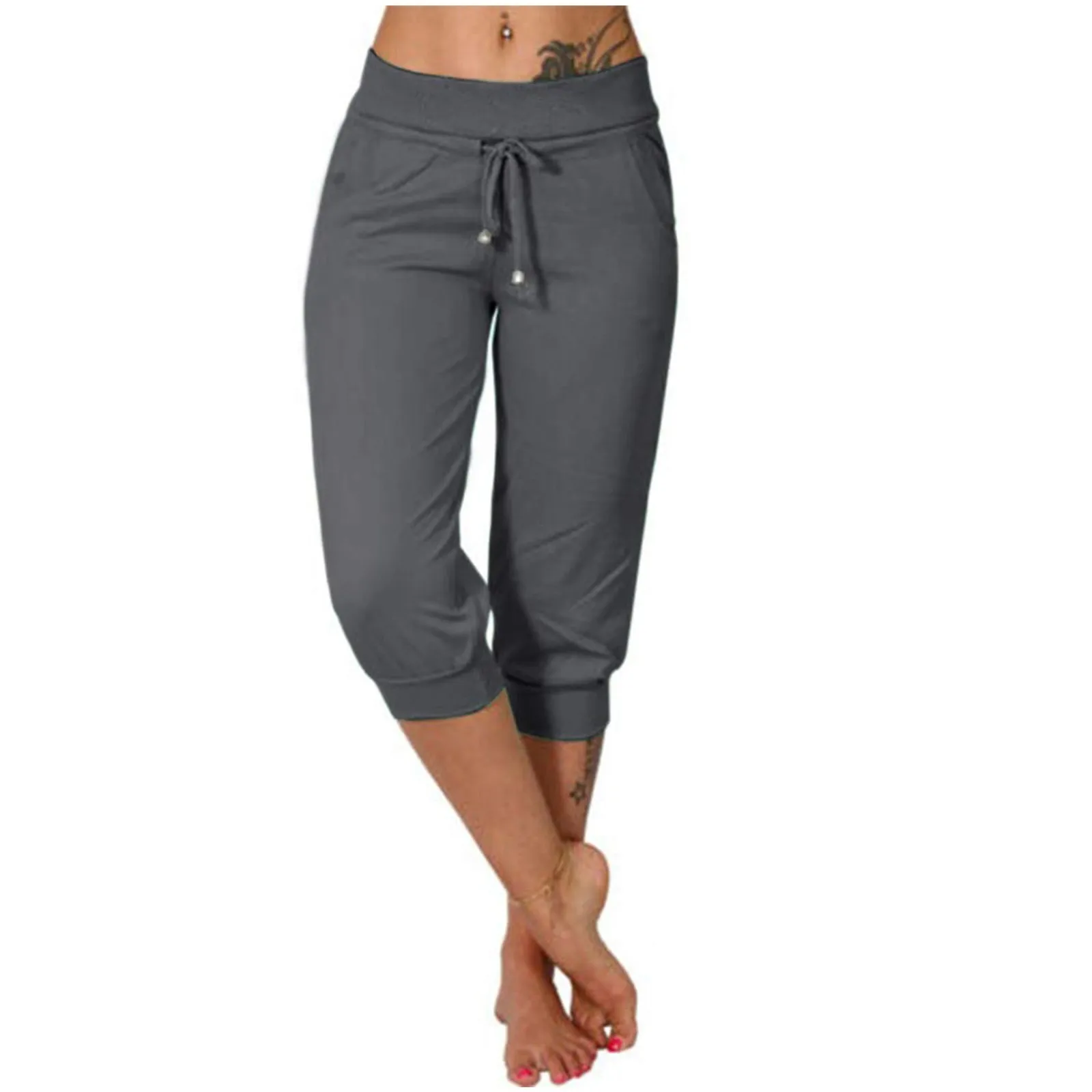 Classic Solid Color Jogging Pants Women Cotton Linen Capris Trousers Bandage Double Pocket Pants Summer Beach Vacation Wear