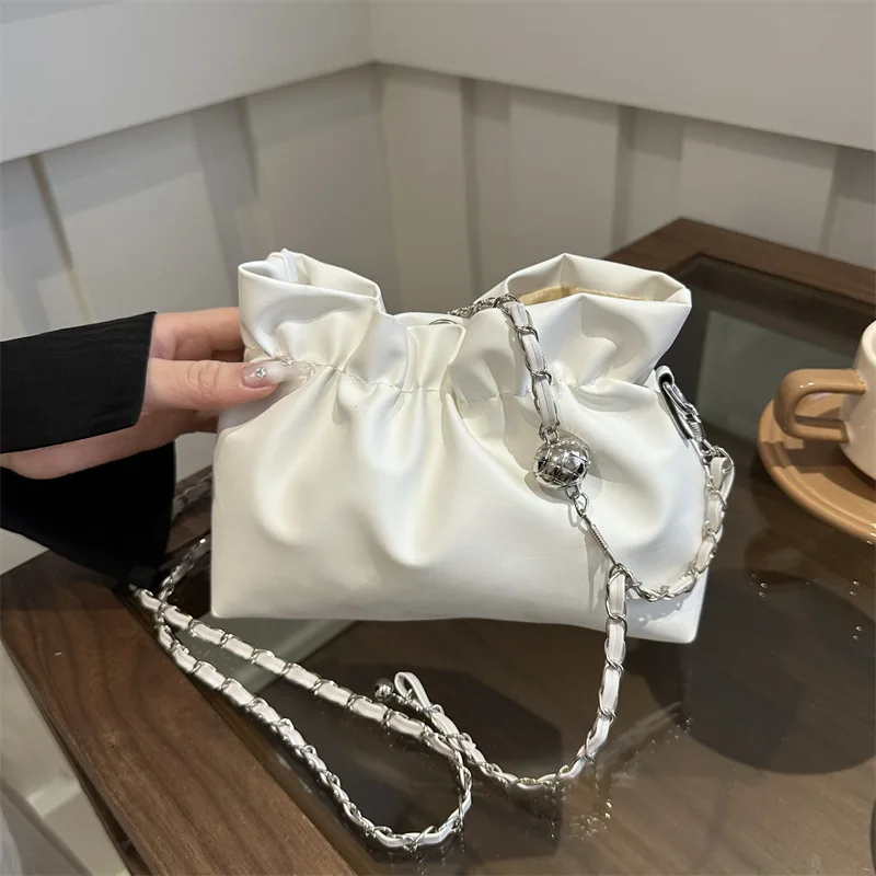 Women's Chain Bag Fashion Versatile Classic Solid Color Crossbody Bag Drawstring Shoulder Bag Silver Bucket Bag