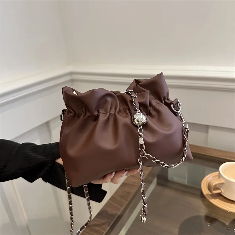 Women's Chain Bag Fashion Versatile Classic Solid Color Crossbody Bag Drawstring Shoulder Bag Silver Bucket Bag