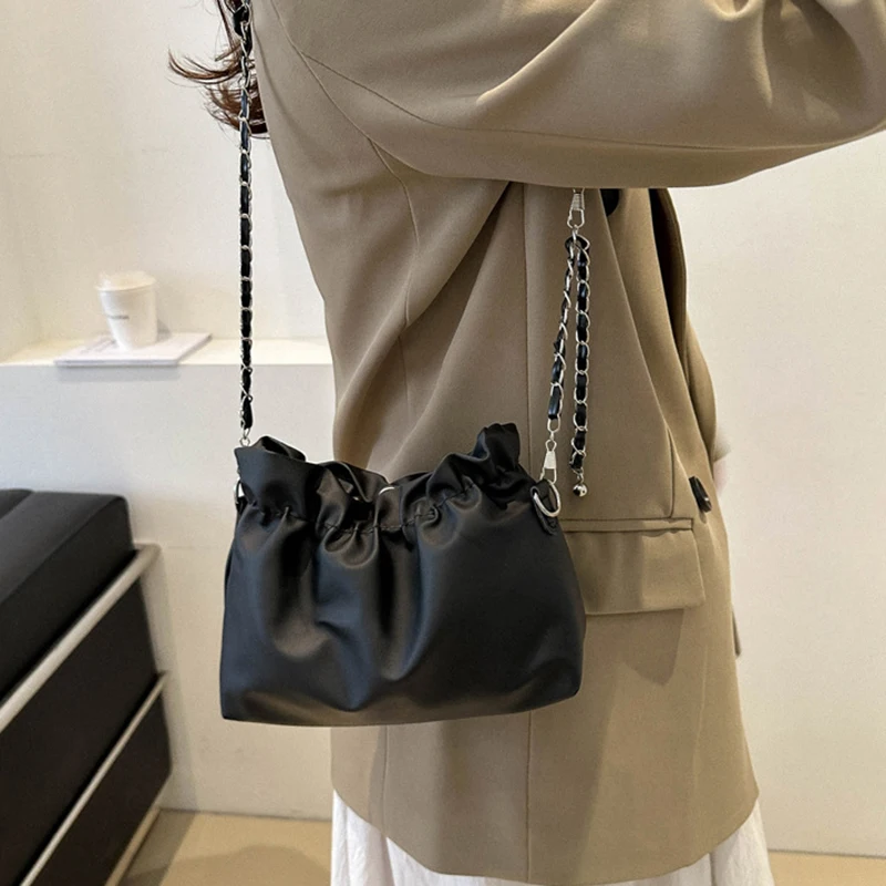 Women's Chain Bag Fashion Versatile Classic Solid Color Crossbody Bag Drawstring Shoulder Bag Silver Bucket Bag