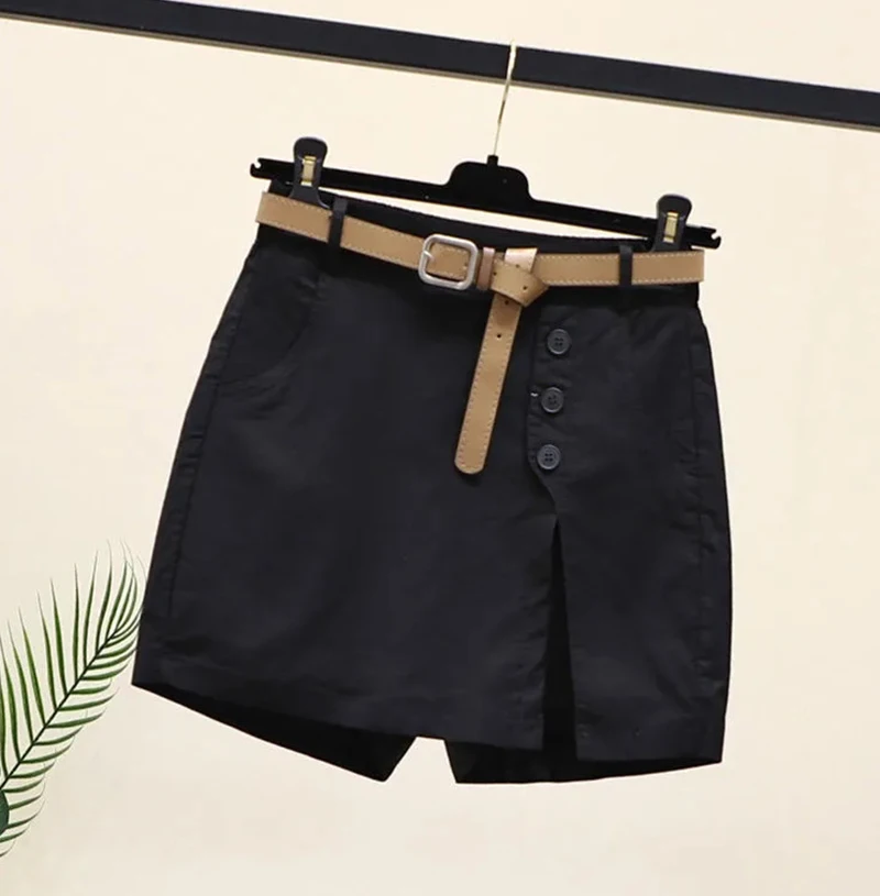 Chic Shorts Women Belt Korean Solid Buttons Side Slit A-line Streetwear Fashion Skirts Chic Harajuku Summer Loose Pants