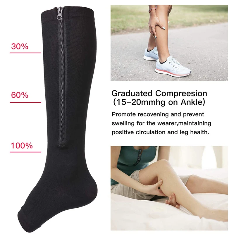 1/2/3 Pairs Compression Socks With Zipper Open Toe Calf Knee Socks Women Medical Edema Varicose Vein Care Socks Running Outdoors