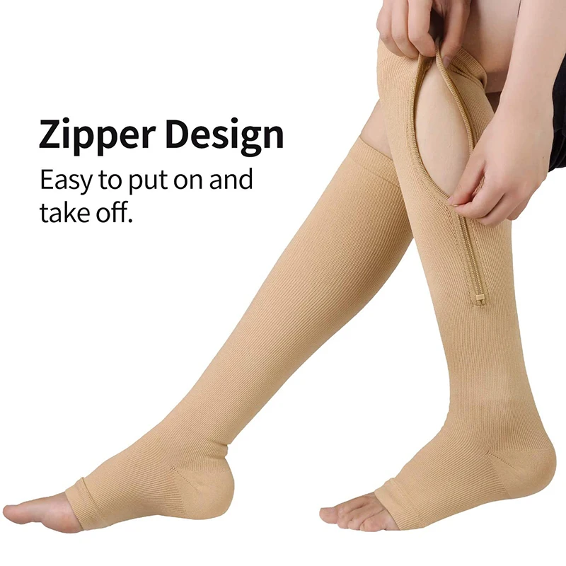 1/2/3 Pairs Compression Socks With Zipper Open Toe Calf Knee Socks Women Medical Edema Varicose Vein Care Socks Running Outdoors