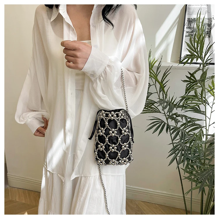 White Beading Bucket Shoulder and Crossbody Bags Exquisite Sense of Luxury Fresh Party Handbags for Women 2024 Fashion on Sale