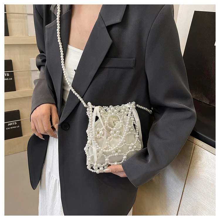 White Beading Bucket Shoulder and Crossbody Bags Exquisite Sense of Luxury Fresh Party Handbags for Women 2024 Fashion on Sale