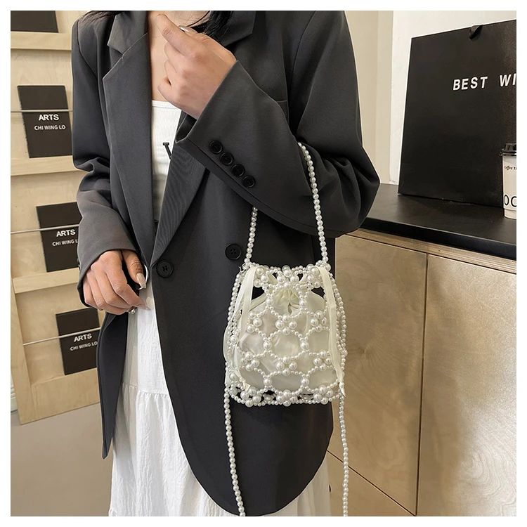 White Beading Bucket Shoulder and Crossbody Bags Exquisite Sense of Luxury Fresh Party Handbags for Women 2024 Fashion on Sale
