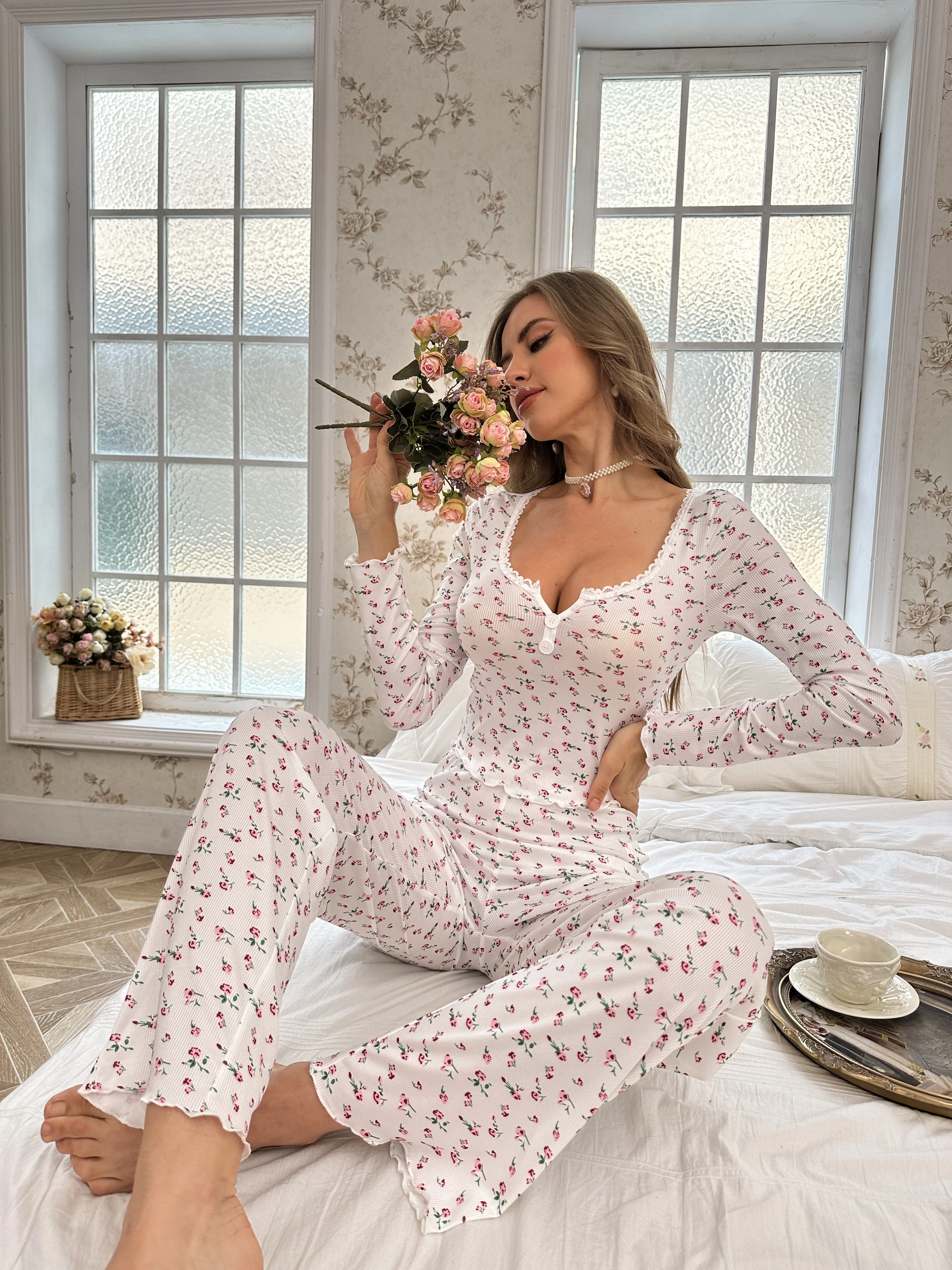 Sleepwear Suit Cute Bowknot Print Lettuce Trim Top with Long Pant Lovely Loungewear Full Sleeve Nightwear Autumn Pajamas Set