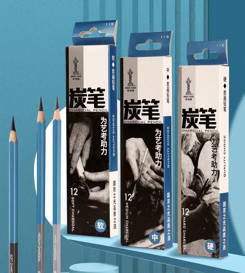 Master Specialized Sketch Charcoal, Hard, Neutral, Soft Refills, Drawing Pencils, Art Student Fine Arts Supplies 12 PCS Box
