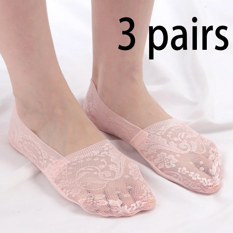 3 Pairs Women Girls Summer Thin Breathable Silicone Non-slip Ladies Socks Lace Flower Short Sock Antiskid Invisible Ankle Socks