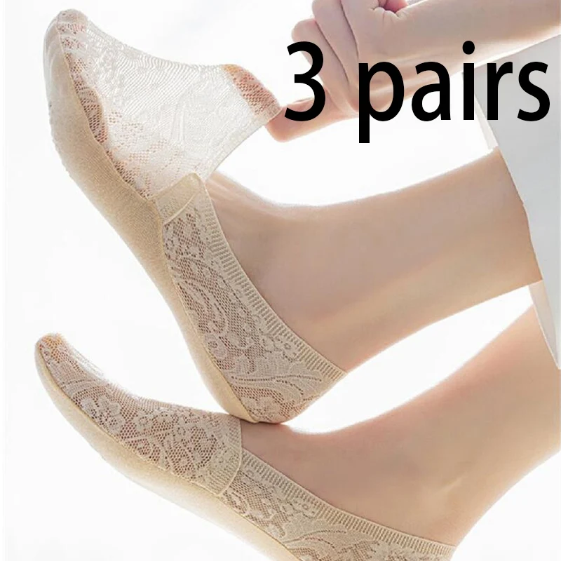 3 Pairs Women Girls Summer Thin Breathable Silicone Non-slip Ladies Socks Lace Flower Short Sock Antiskid Invisible Ankle Socks