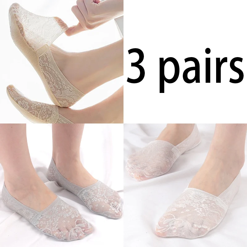 3 Pairs Women Girls Summer Thin Breathable Silicone Non-slip Ladies Socks Lace Flower Short Sock Antiskid Invisible Ankle Socks
