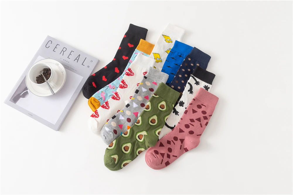 Women's Japanese Colorful Cartoon Mid Tube Socks Unisex Cute Funny Happy Heart Avocado Flamingo Red Lip Sokken Gift
