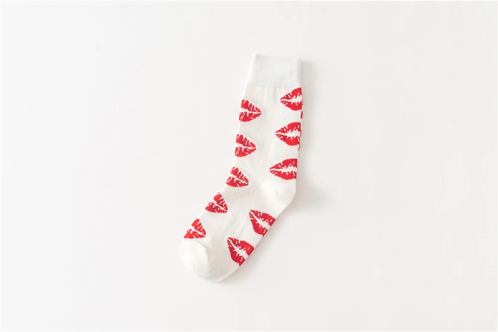 Women's Japanese Colorful Cartoon Mid Tube Socks Unisex Cute Funny Happy Heart Avocado Flamingo Red Lip Sokken Gift