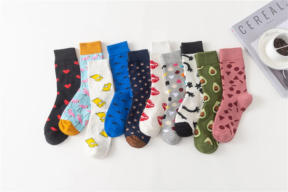 Women's Japanese Colorful Cartoon Mid Tube Socks Unisex Cute Funny Happy Heart Avocado Flamingo Red Lip Sokken Gift
