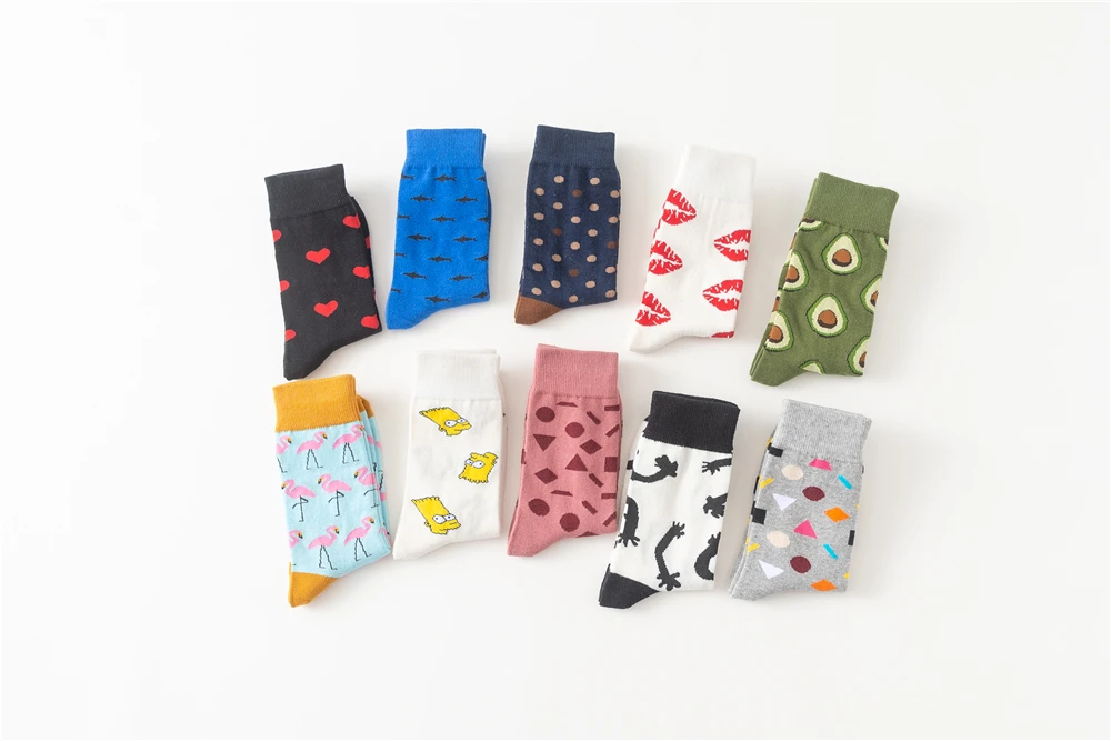 Women's Japanese Colorful Cartoon Mid Tube Socks Unisex Cute Funny Happy Heart Avocado Flamingo Red Lip Sokken Gift