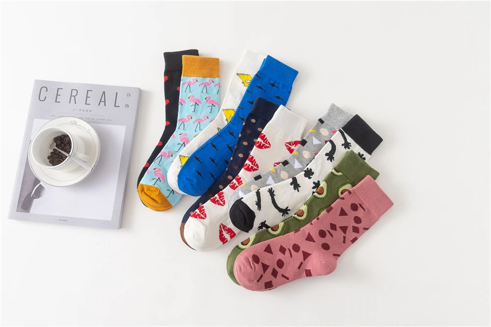 Women's Japanese Colorful Cartoon Mid Tube Socks Unisex Cute Funny Happy Heart Avocado Flamingo Red Lip Sokken Gift
