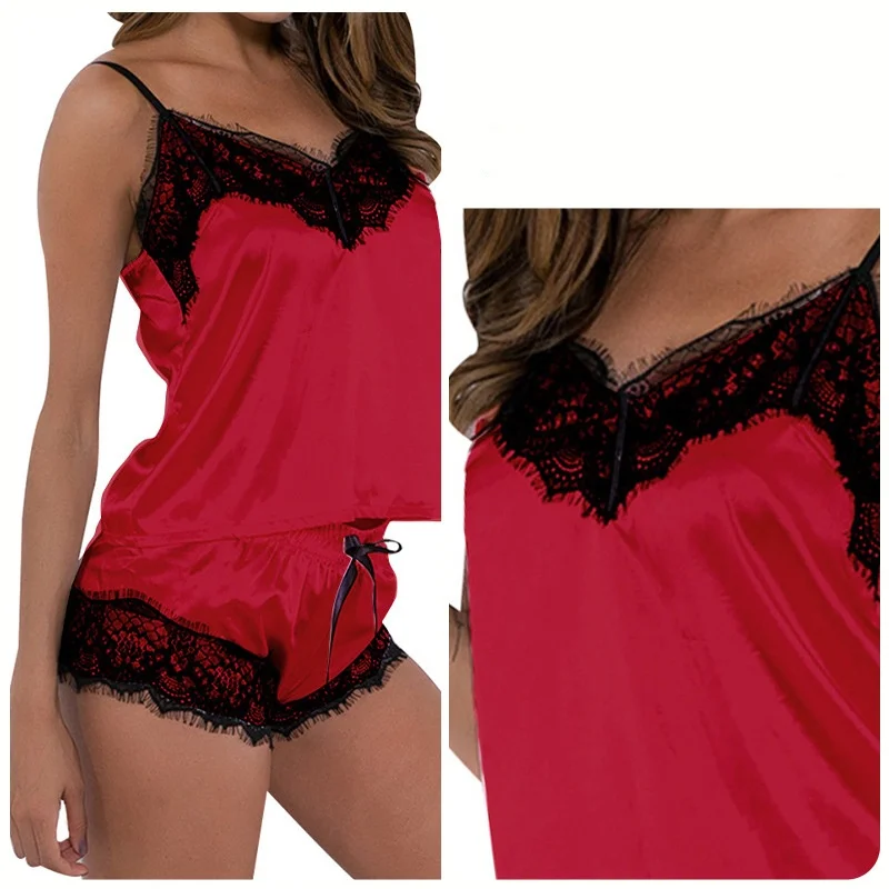 Ladies Summer Two Pieces Sets Shorts Suspenders Vest Pajamas Sexy Thin Sleeveless Lingerie  V-Neck Lace Solid Elastic Underwear