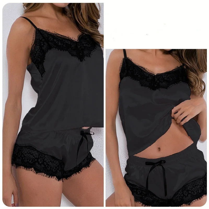 Ladies Summer Two Pieces Sets Shorts Suspenders Vest Pajamas Sexy Thin Sleeveless Lingerie  V-Neck Lace Solid Elastic Underwear