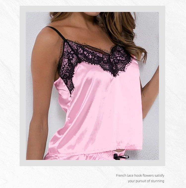Ladies Summer Two Pieces Sets Shorts Suspenders Vest Pajamas Sexy Thin Sleeveless Lingerie  V-Neck Lace Solid Elastic Underwear
