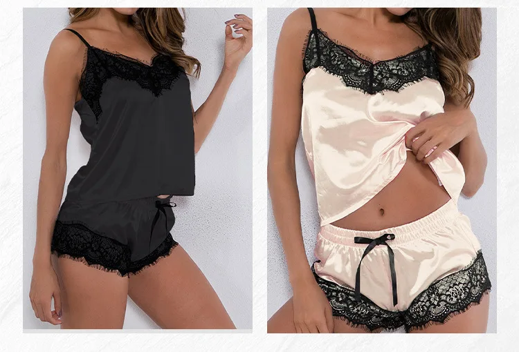 Ladies Summer Two Pieces Sets Shorts Suspenders Vest Pajamas Sexy Thin Sleeveless Lingerie  V-Neck Lace Solid Elastic Underwear