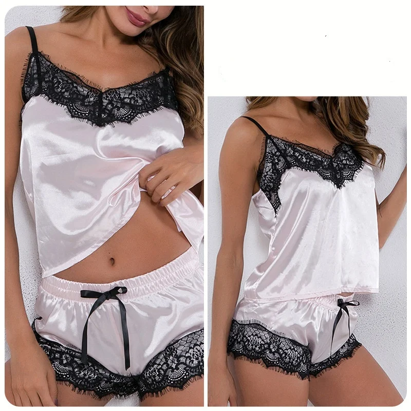 Ladies Summer Two Pieces Sets Shorts Suspenders Vest Pajamas Sexy Thin Sleeveless Lingerie  V-Neck Lace Solid Elastic Underwear
