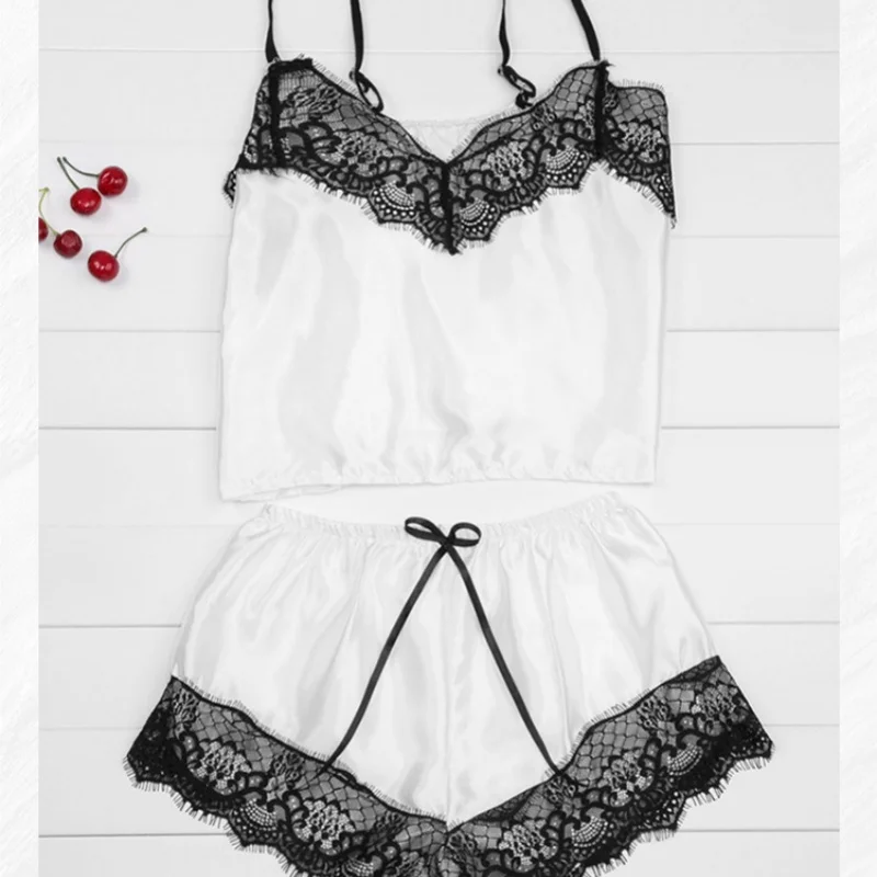 Ladies Summer Two Pieces Sets Shorts Suspenders Vest Pajamas Sexy Thin Sleeveless Lingerie  V-Neck Lace Solid Elastic Underwear