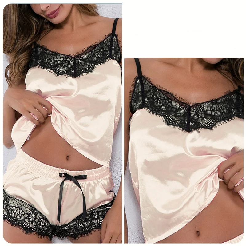 Ladies Summer Two Pieces Sets Shorts Suspenders Vest Pajamas Sexy Thin Sleeveless Lingerie  V-Neck Lace Solid Elastic Underwear